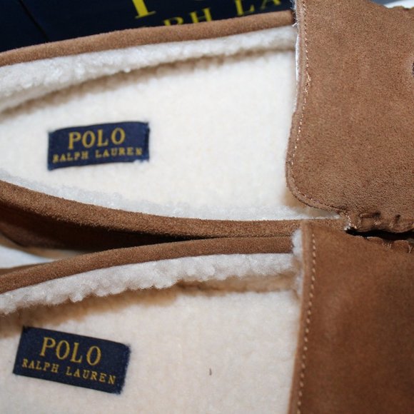 NIB POLO RALPH LAUREN MEN'S SUEDE FUR LINED‎ BEAR BROWN SLIP ON SLIPPERS - Picture 4 of 7